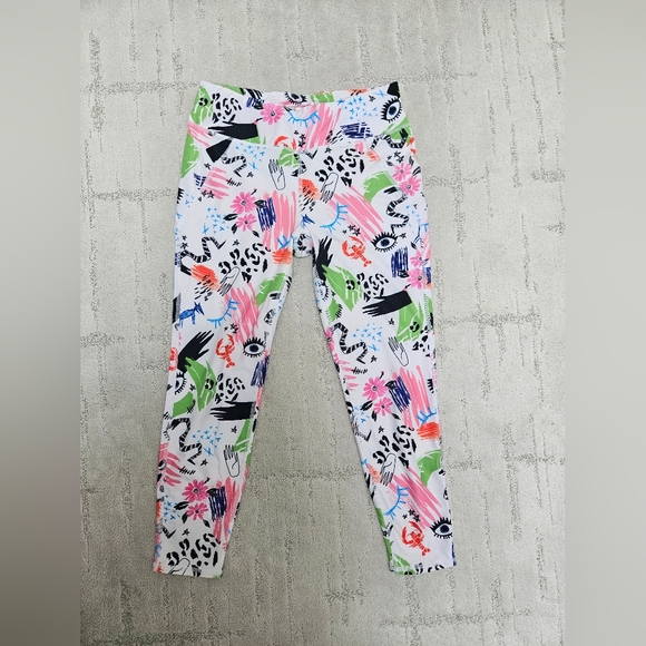 Betsey Johnson M size colorful drawing White Black Pink Green Athleisure Legging - Picture 1 of 4
